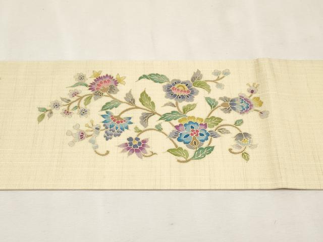 平和屋本店■極上 岡重謹製 OKAJIMA 九寸名古屋帯 京更紗 アタカス・クリキュラ糸 金彩 薄香色 証紙付 ほていや扱 逸品 未使用 CYAA2579s5