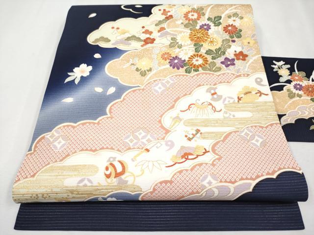 平和屋本店*極上 夏物 九寸名古屋帯 絽縮緬 駒刺繍 雲取り宝尽くし草花文 金彩 濃紺地 逸品 未使用 CYAA2580s5