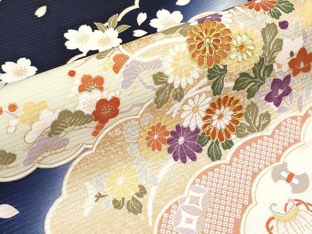 平和屋本店*極上 夏物 九寸名古屋帯 絽縮緬 駒刺繍 雲取り宝尽くし草花文 金彩 濃紺地 逸品 未使用 CYAA2580s5