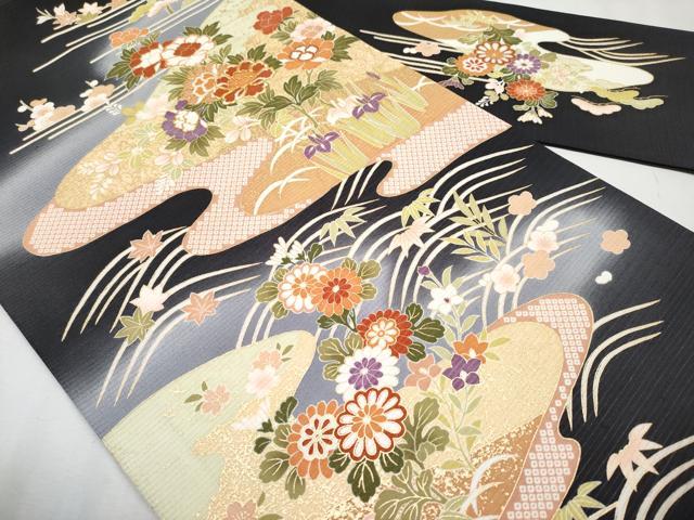 平和屋本店*極上 夏物 九寸名古屋帯 絽縮緬 駒刺繍 霞草花文 黒地 金彩 逸品 未使用 CYAA2582s5
