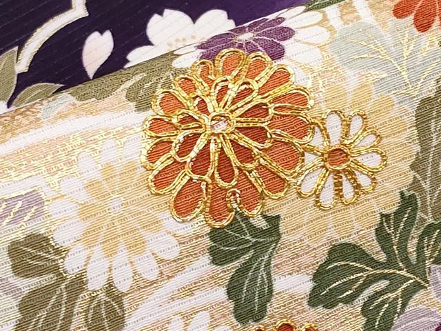 平和屋本店*極上 夏物 九寸名古屋帯 絽縮緬 駒刺繍 雲取り宝尽くし草花文 金彩 深紫色地 逸品 未使用 CYAA2583s5