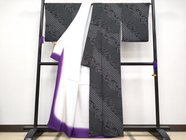 平和屋本店●極上 江戸小紋 斜線枝花文 黒地 鬼しぼ縮緬 逸品 CYAA2599s5