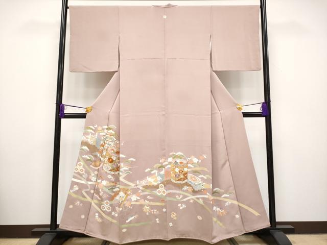 平和屋本店■極上 創業460年・千總 色留袖 駒刺繍 貝桶桧扇吉祥文 金彩 薄柿色地 小田急百貨店扱い 逸品 CYAA2627s5