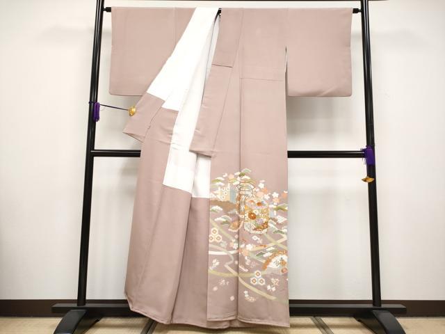 平和屋本店■極上 創業460年・千總 色留袖 駒刺繍 貝桶桧扇吉祥文 金彩 薄柿色地 小田急百貨店扱い 逸品 CYAA2627s5
