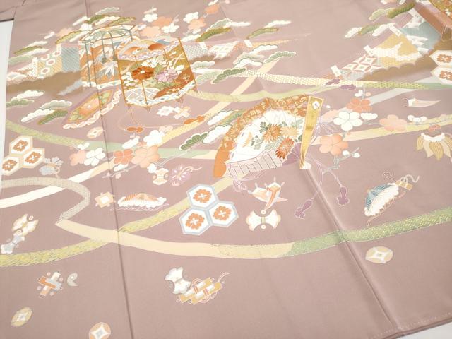平和屋本店■極上 創業460年・千總 色留袖 駒刺繍 貝桶桧扇吉祥文 金彩 薄柿色地 小田急百貨店扱い 逸品 CYAA2627s5