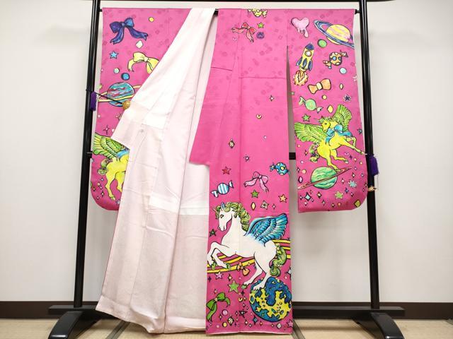 平和屋本店■希少 きゃりーぱみゅぱみゅ 振袖 刺繍 ユニコーン 宇宙 金彩 洒落紋 躑躅色地 逸品 CYAA2731s5