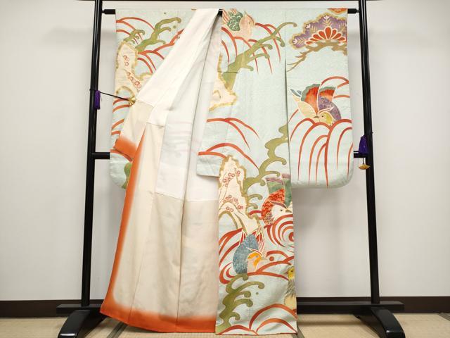 平和屋本店■極上 創業130年 江戸染繍友禅 大彦 振袖 駒刺繍 浜松鴛鴦文 金彩 白緑色地 逸品 CYAA2778s5
