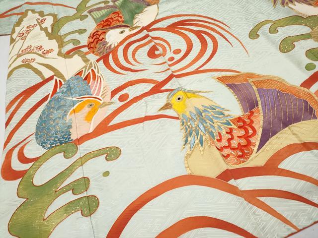 平和屋本店■極上 創業130年 江戸染繍友禅 大彦 振袖 駒刺繍 浜松鴛鴦文 金彩 白緑色地 逸品 CYAA2778s5