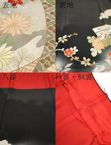 平和屋着物■極上 アンティーク 大正ロマン 振袖 駒刺繍 地紙貝桶草花文 暈し染め 黒地 金糸 逸品 CYAA2881s5