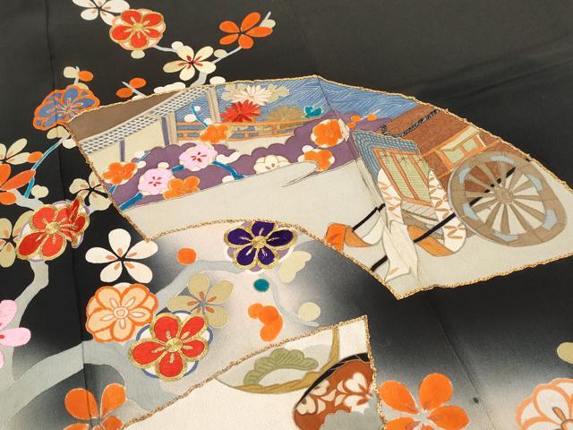 平和屋着物■極上 アンティーク 大正ロマン 振袖 駒刺繍 地紙貝桶草花文 暈し染め 黒地 金糸 逸品 CYAA2881s5