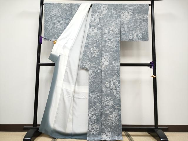 平和屋着物■極上 山岡古都・古都染人 染織美術品 薬墨染 天目織 お召 雪輪重ね草花文 湊鼠色 反端付き 逸品 未使用 CYAA2901s5