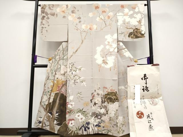 平和屋本店■極上 中井恭三 訪問着 京友禅 刺繍 枝花文 たとう紙付き 金彩 枯野色地 逸品 CYAA2914s5