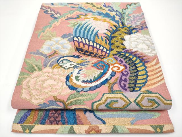 平和屋本店■極上 手織綴れ 山鹿清華 中国三大刺繍 相良刺繍 太鼓柄袋帯 モール 瑞雲鳳凰文 金糸 真赭色 逸品 CYAA2942s5