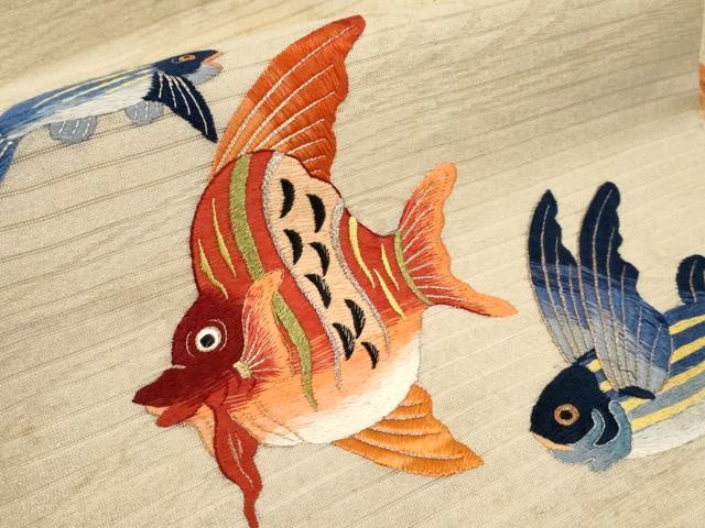 平和屋本店*極上 夏物 アンティーク 大正ロマン 九寸名古屋帯 総刺繍 魚 金銀糸 逸品 CYAA2977s5