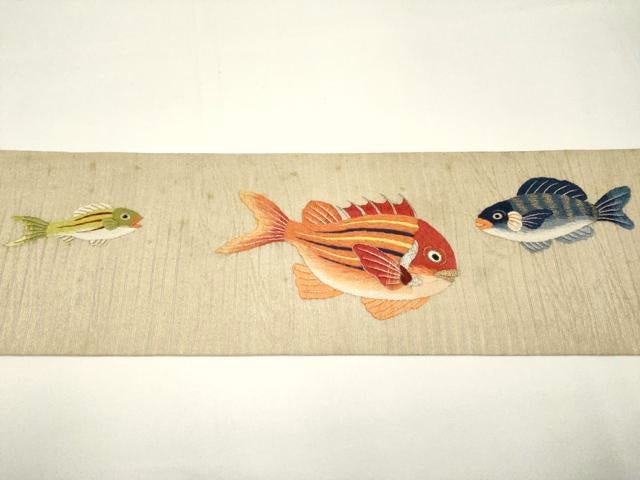 平和屋本店*極上 夏物 アンティーク 大正ロマン 九寸名古屋帯 総刺繍 魚 金銀糸 逸品 CYAA2977s5