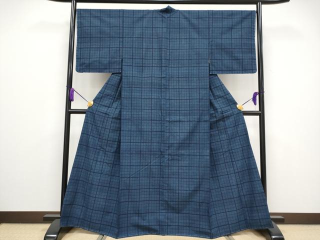 平和屋本店●極上 綿薩摩 東郷織物謹製 手織 160亀甲 實篤 永江明夫(正藍染) 格子柄 逸品 未使用 CYAA3053s5