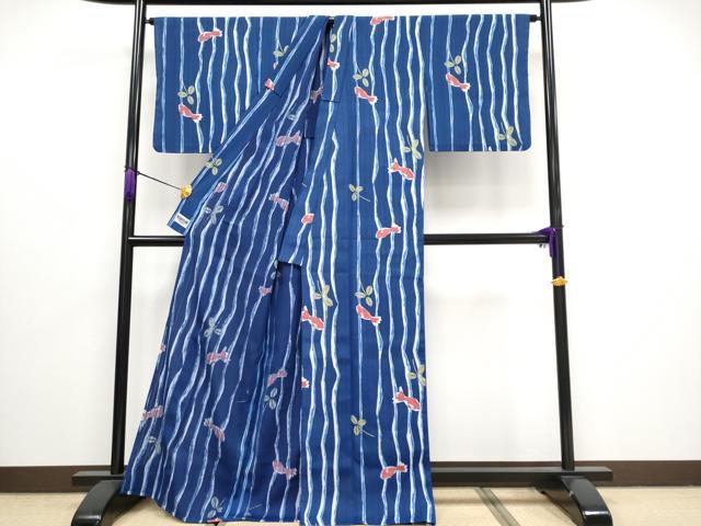 平和屋着物■極上 夏物 世界的ファッションデザイナー 山本寛斎 kansaiブランド 小紋 単衣 金魚 紺青色 洗える着物 CYAA3116s5