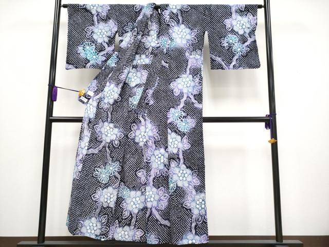 平和屋着物■極上 夏物 浴衣 有松鳴海絞り 枝花文 紫黒色地 やまと誂製 綿 逸品 CYAA3134s5