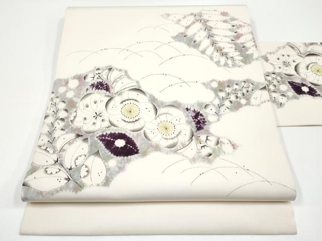 新品☆寿光織 白 花輪地模様 反物 平和屋着物□極上 染色作家 小倉淳史 塩瀬 九寸名古屋帯 辻が花 手描き