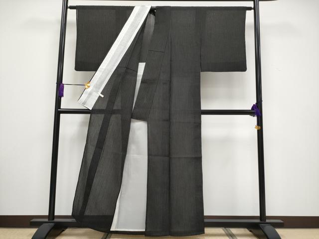 平和屋着物*極上 夏物 本場小千谷ちぢみ 縞 黒地 麻 逸品 CYAA3271s5