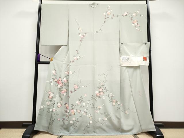 平和屋本店●極上 京加賀友禅 百貫達雄 訪問着 加賀の四季 華やぎ 暈し染め 柳鼠色地 反端付き 逸品 CYAA5051s6