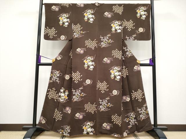 平和屋着物●極上 小紋 源氏車草花文 金彩 鬼しぼ縮緬 鉄黒色地 逸品 未使用 CYAA3315s5