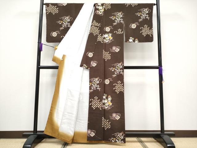 平和屋着物●極上 小紋 源氏車草花文 金彩 鬼しぼ縮緬 鉄黒色地 逸品 未使用 CYAA3315s5