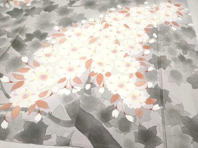 平和屋本店▽希少 銀座もとじ 振袖 単衣 桜 暈し染め 鬼しぼ縮緬 牡丹鼠色地 たとう紙付き 逸品 CYAA3318s5
