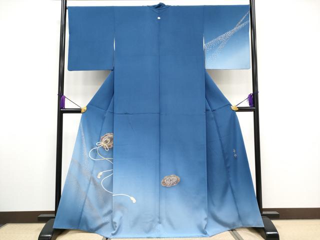 平和屋本店■極上 人間国宝 福田喜三郎 訪問着 相良刺繍 駒刺繍 鏡裏花蝶文 暈し染め 金銀彩 大丸扱い 深縹色 逸品 CYAA3324s5