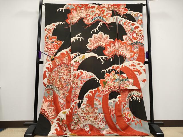 平和屋着物○極上 アンティーク 大正ロマン 振袖 駒刺繍 立波花松文