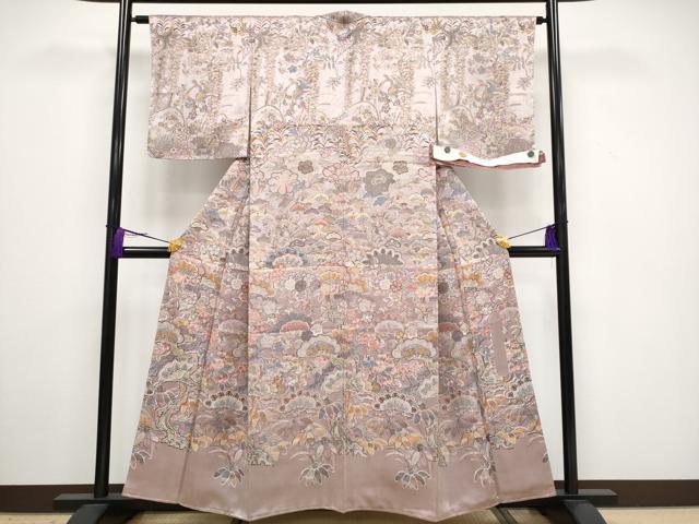 平和屋本店●極上 山岡古都・古都染人 染織美術品 薬墨染 天目織 お召 訪問着 花鳥文 薄柿色地 反端付き 逸品 未使用 CYAA3349s5