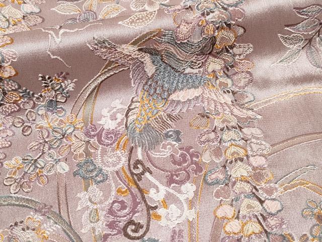 平和屋本店●極上 山岡古都・古都染人 染織美術品 薬墨染 天目織 お召 訪問着 花鳥文 薄柿色地 反端付き 逸品 未使用 CYAA3349s5