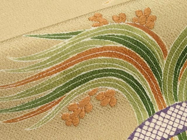 平和屋本店■極上 九寸名古屋帯 刺繍 雀 稲穂 榛色地 逸品 未使用 CYAA3385s5