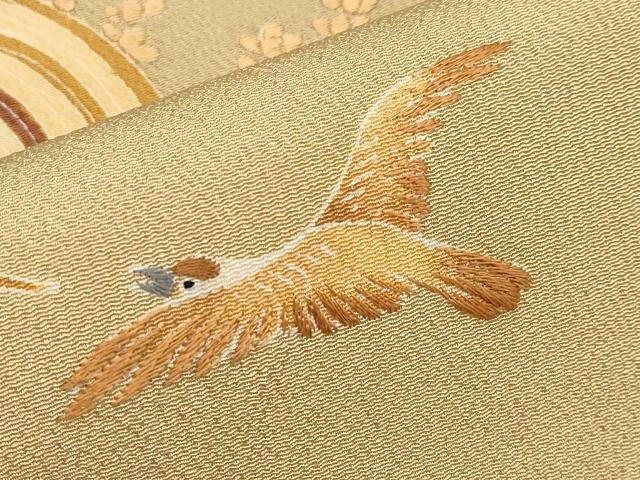 平和屋本店■極上 九寸名古屋帯 刺繍 雀 稲穂 榛色地 逸品 未使用 CYAA3385s5