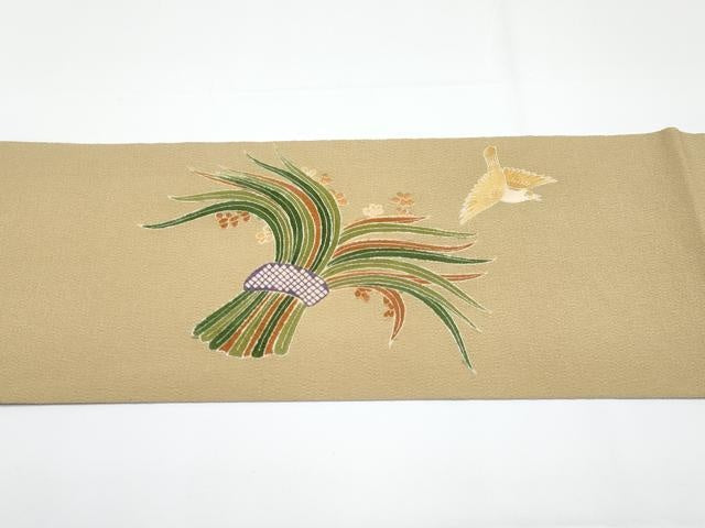 平和屋本店■極上 九寸名古屋帯 刺繍 雀 稲穂 榛色地 逸品 未使用 CYAA3385s5