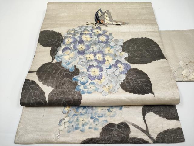 平和屋着物■極上 アンティーク 大正ロマン 九寸名古屋帯 引き抜き帯 刺繍 紫陽花 蝶 銀彩 逸品 CYAA3417s5