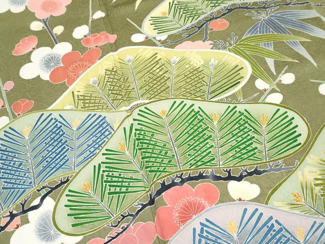 平和屋着物●極上 振袖 友禅 松竹梅 海松色地 逸品 未使用 CYAA3437s5