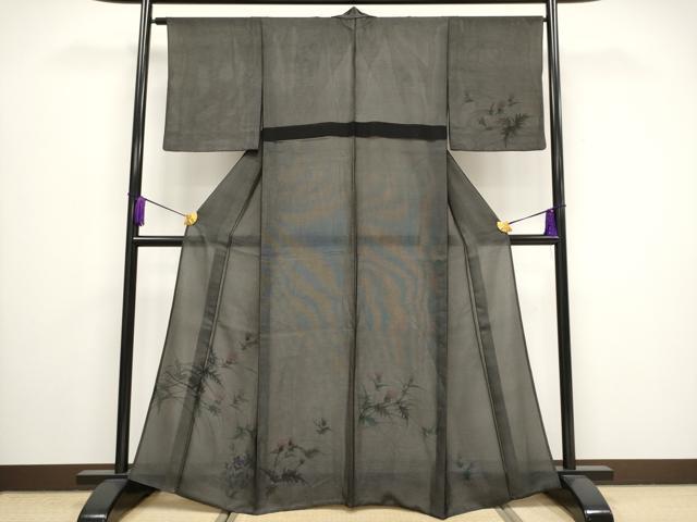 平和屋着物▽極上 訪問着 無双 紗袷 紗×絽 草花文 暈し染め 黒地 逸品 CYAA3439s5