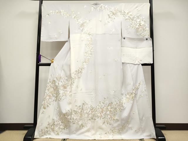 平和屋本店■最高級 訪問着 総手刺繍 草花文 暈し染め 金糸 牡丹鼠色地 反端付き 逸品 未使用 CYAA3500s5