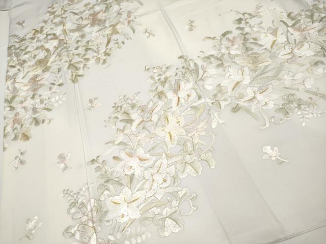 平和屋本店■最高級 訪問着 総手刺繍 草花文 暈し染め 金糸 牡丹鼠色地 反端付き 逸品 未使用 CYAA3500s5