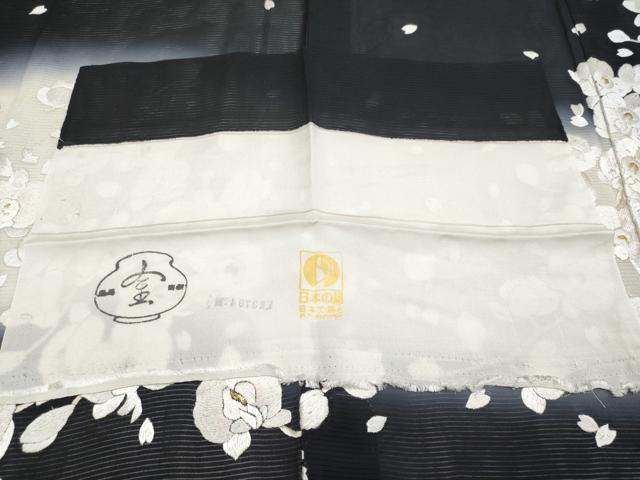 平和屋本店■最高級 夏物 訪問着 絽 総手刺繍 胡蝶蘭 枝垂れ桜 暈し染め 黒地 金銀彩 反端付き 逸品 未使用 CYAA3507s5