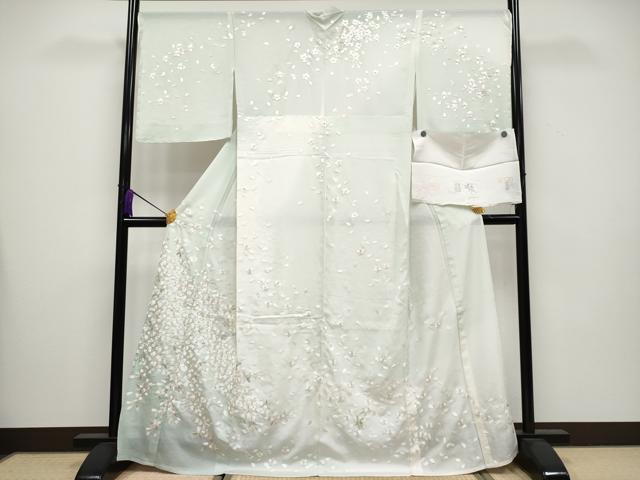 平和屋本店*最高級 夏物 訪問着 絽 総手刺繍 舞桜文 暈し染め 金糸 白緑色地 反端付き 逸品 未使用 CYAA3508s5