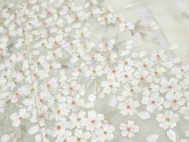 平和屋本店*最高級 夏物 訪問着 絽 総手刺繍 舞桜文 暈し染め 金糸 白緑色地 反端付き 逸品 未使用 CYAA3508s5