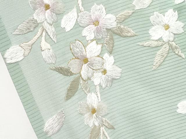 平和屋本店*最高級 夏物 訪問着 絽 総手刺繍 舞桜文 暈し染め 金糸 白緑色地 反端付き 逸品 未使用 CYAA3508s5