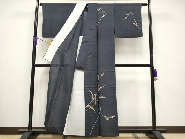 平和屋着物*極上 夏物 本場絹芭蕉 訪問着 竹屋町刺繍 枝花文 濃紺地 反端付き 逸品 CYAA3513s5