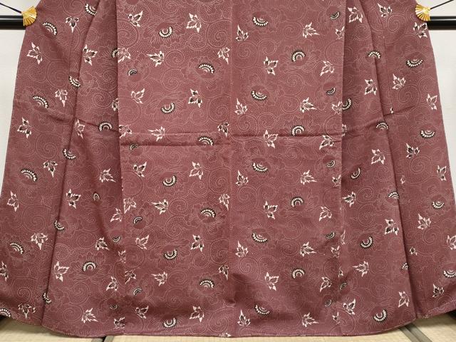 平和屋本店■極上 浦野理一 型染 小紋 牡丹唐草文 鬼しぼ縮緬 葡萄茶色地 逸品 未使用 CYAA3545s5