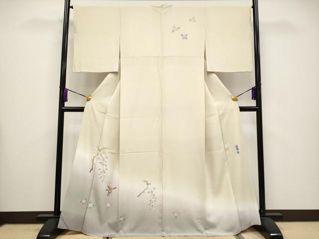 平和屋本店■極上 本加賀友禅作家 百貫華峰 訪問着 花鳥文 暈し染め 薄香色地 逸品 CYAA3548s5