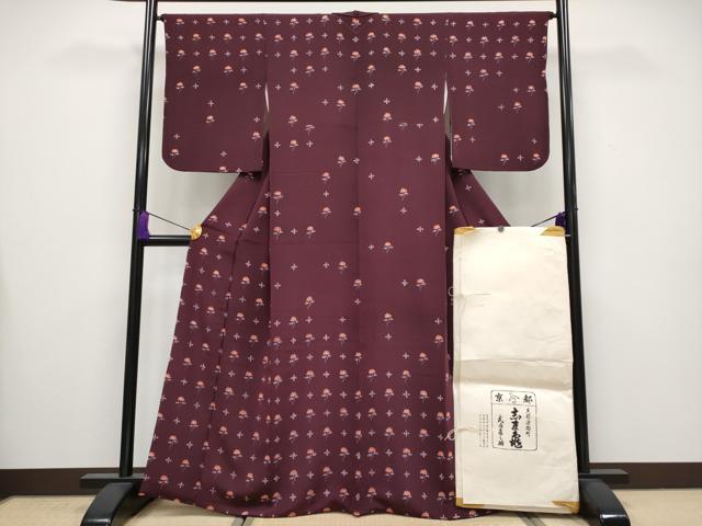 平和屋本店■極上 銀座 志ま亀 訪問着 草花文 鬼しぼ縮緬 似せ紫色地 たとう紙付き 逸品 CYAA3565s5