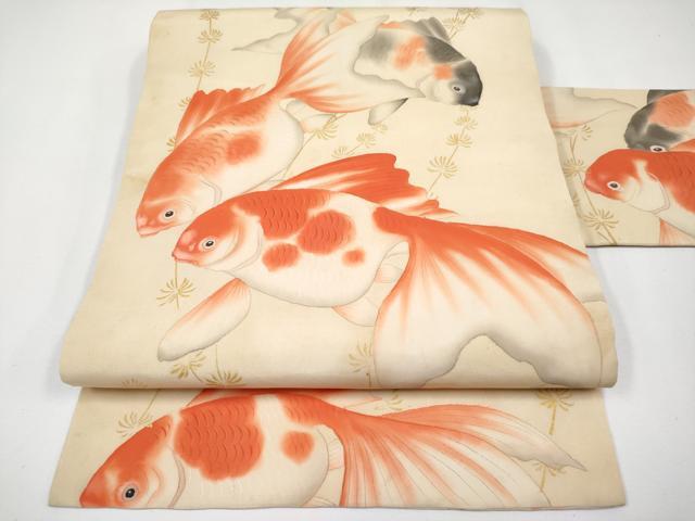 平和屋本店●極上 アンティーク 大正ロマン 九寸名古屋帯 手描き 金魚 金彩 逸品 CYAA3608s5