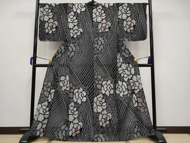 平和屋着物∴極上 夏物 浴衣 有松鳴海絞り 牡丹 黒地 綿 逸品 CYAA3683s5